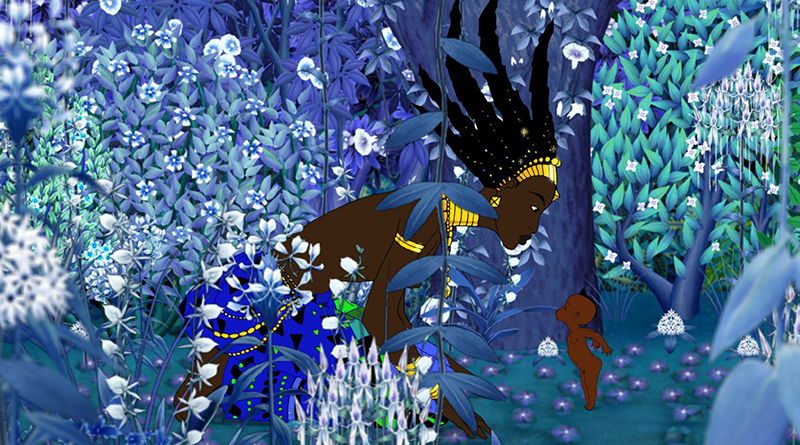 Ilustração de mulher (feiticeira Karabá) africana e criança (Kiriku) em confronto